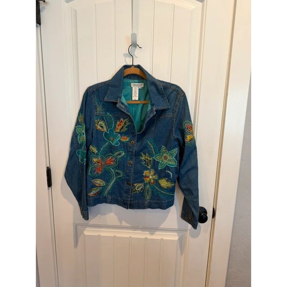 Coldwater Creek Womens S Embroidered Denim Jacket Floral Applique Beaded Lined
